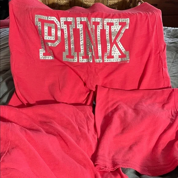 PINK Zip up Lg Hoodie and Pants w/Colorful Peace Sign’ gently used’